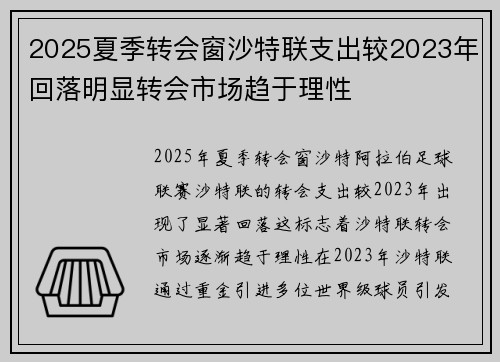 2025夏季转会窗沙特联支出较2023年回落明显转会市场趋于理性