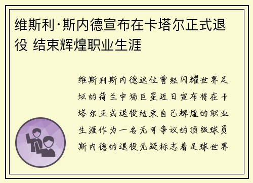 维斯利·斯内德宣布在卡塔尔正式退役 结束辉煌职业生涯